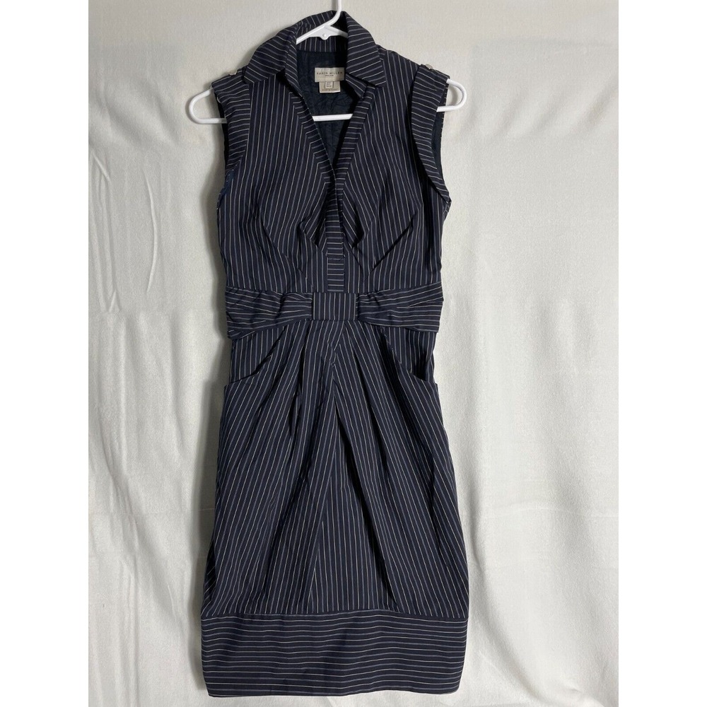 Karen Millen England Sz 2 Navy Pinstripe V Neck Bodycon Sheath Pencil Dress